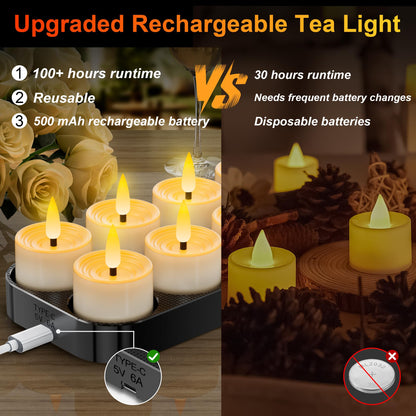 daphomeu LED-Teelichter aufladbar mit Timer, 12er Set mit Ladestation