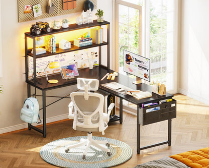 Coleshome Gaming Tisch L-Form mit LED und Steckdosen, Schwarz