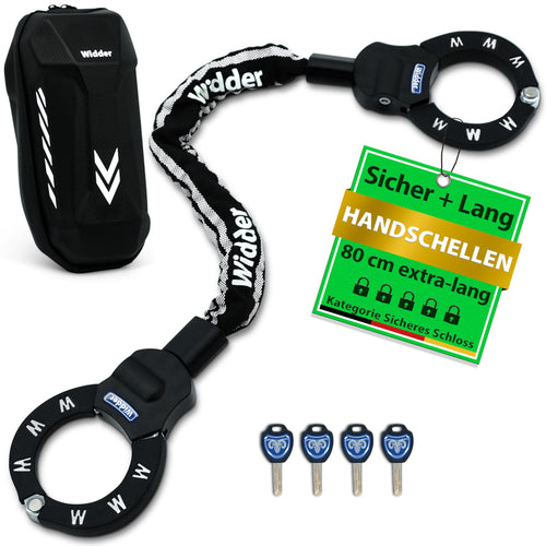 WIDDER Sicheres Handschellenschloss E-Scooter & Fahrrad 80cm 8mm Stahl. Silbernes 8mm Stahl Handschellenschloss, 80cm. Sichert E-Scooter und Fahrräder.