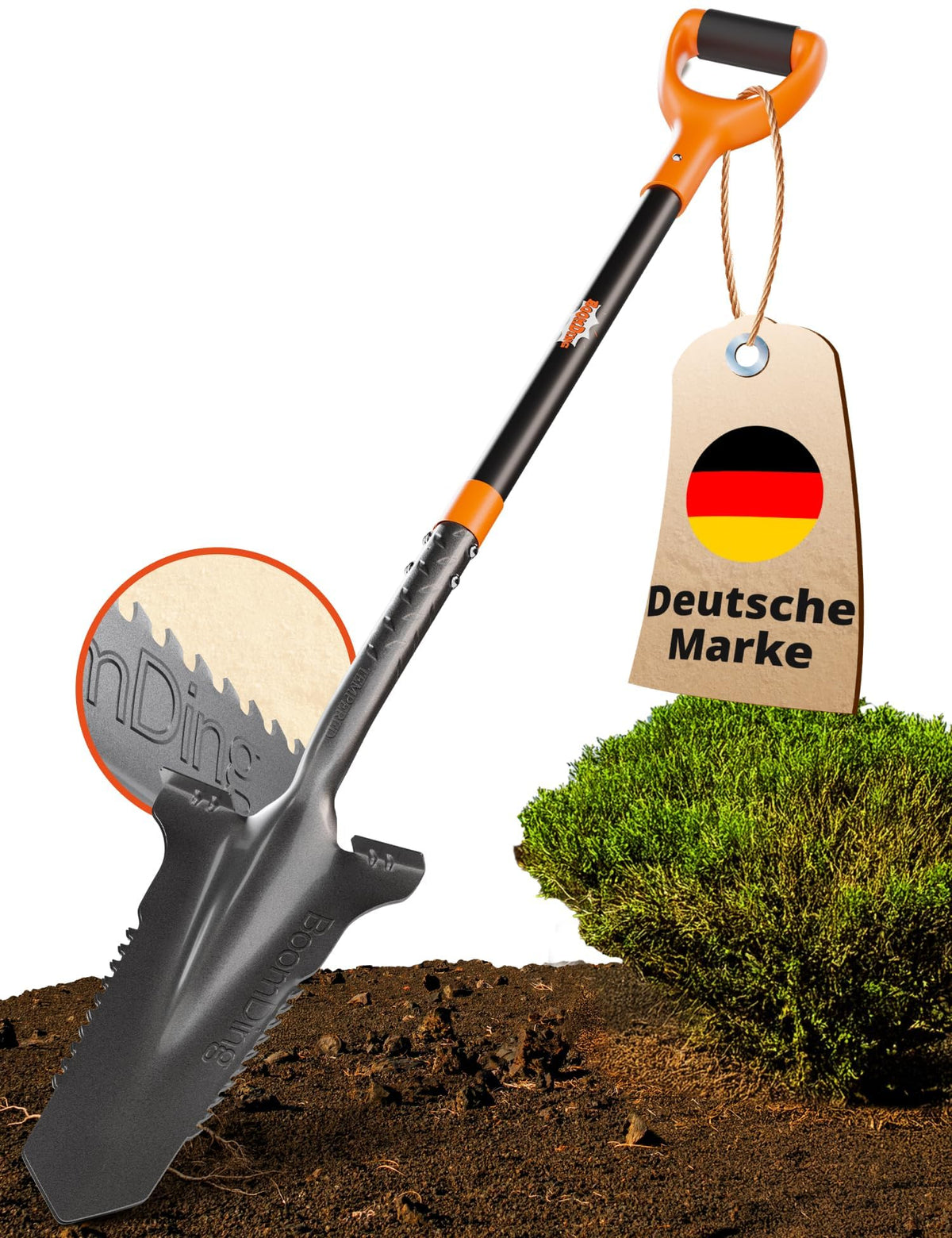 BoomDing Wurzelspaten WSP – Gartenspaten mit Wurzelsäge und Trittkante, Carbonstahl-Blatt und Fiberglasstiel