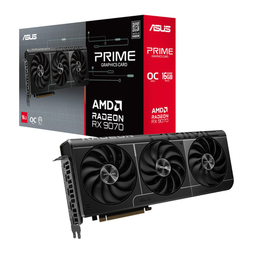 ASUS Prime Radeon RX 9070 Gaming Grafikkarte - OC Edition 16GB: Rechteckige, schwarze Platine mit drei Lüftern für leistungsstarkes Gaming-Rendering.