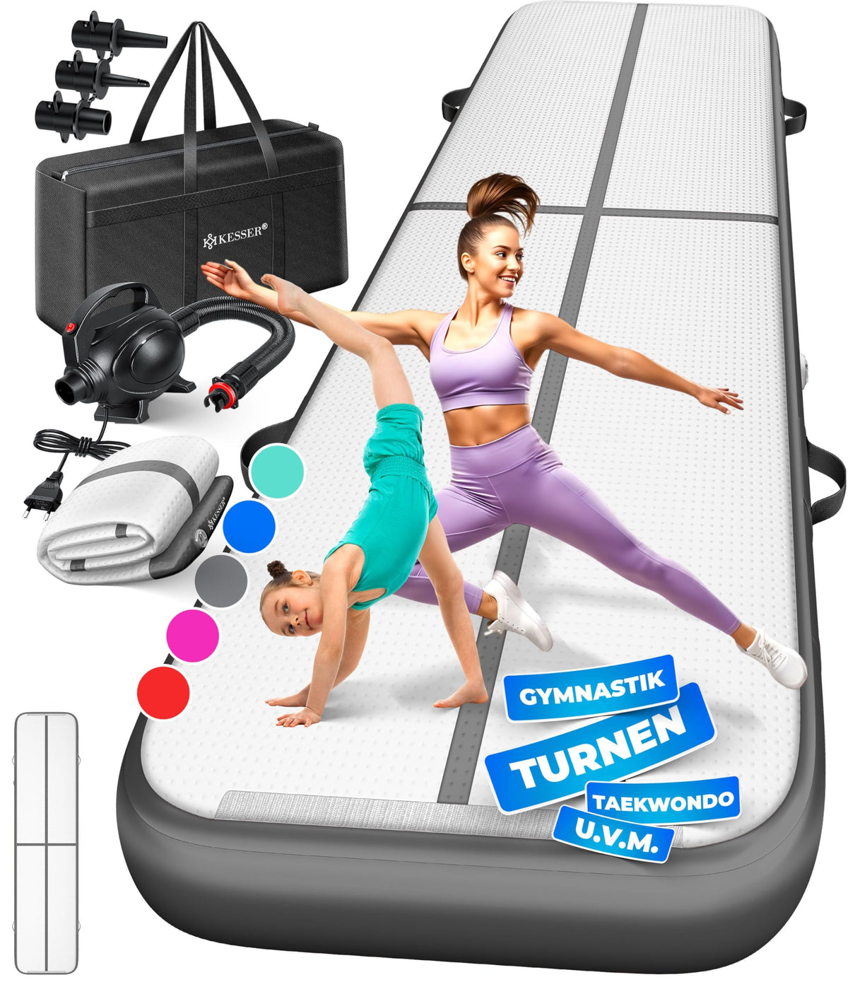 KESSER Airtrack Turnmatte aufblasbar – Anthrazit 400x100x10cm. Rechteckige, anthrazitfarbene Matte. Bietet Dämpfung für Turn- und Sprungtraining.