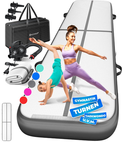 KESSER Airtrack Turnmatte aufblasbar – Anthrazit 400x100x10cm. Rechteckige, anthrazitfarbene Matte. Bietet Dämpfung für Turn- und Sprungtraining.