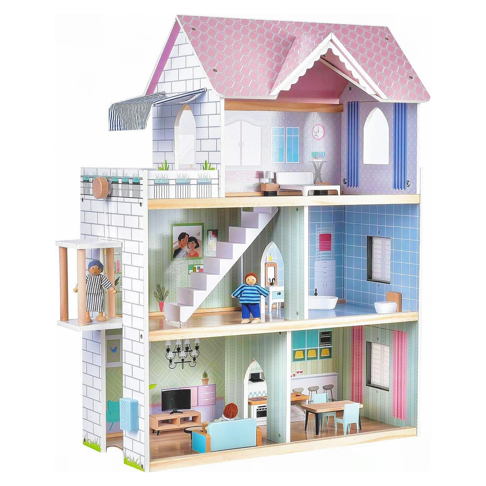 Giant bean Holz Puppenhaus – 80 cm hoch, mit Aufzug und Licht. Hohes Holz-Puppenhaus (80cm). Ermöglicht Puppenspiel auf mehreren Ebenen mit Aufzug und Licht.