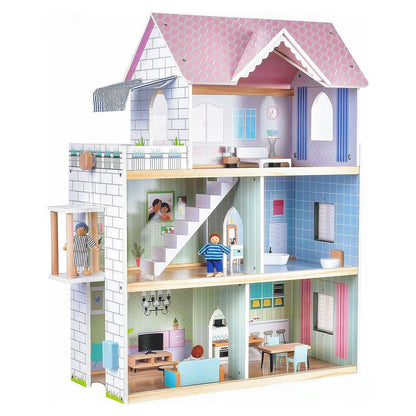 Giant bean Holz Puppenhaus – 80 cm hoch, mit Aufzug und Licht. Hohes Holz-Puppenhaus (80cm). Ermöglicht Puppenspiel auf mehreren Ebenen mit Aufzug und Licht.