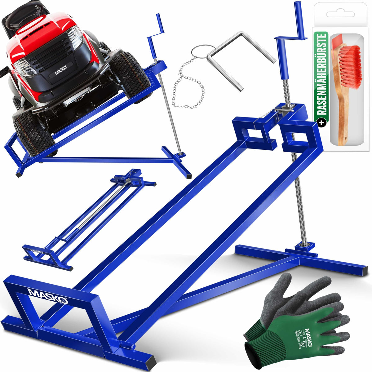 MASKO® Rasentraktorheber XXL 450 kg Hebebühne für Aufsitzmäher - Blau. Blaue, robuste Hebevorrichtung zum Anheben von Aufsitzmähern für Wartungsarbeiten.