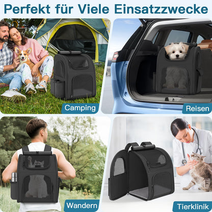 Quirlig Hunderucksack bis 10 kg, faltbar, mit Netzfenster, schwarz