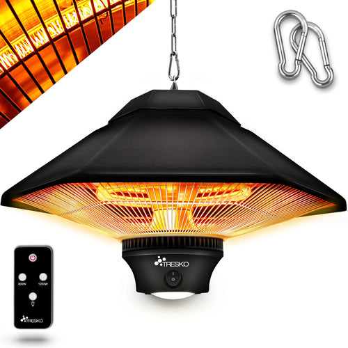 TRESKO Infrarot Deckenheizstrahler 1200W – mit Fernbedienung. Schwarzes, längliches Gerät zur Raumheizung mittels Infrarotstrahlung.