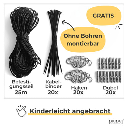 PiuPet Katzennetz drahtverstärkt 8x3m schwarz inkl. Befestigungsset