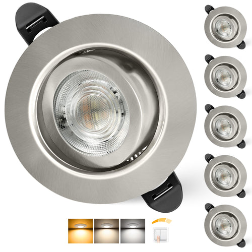 Aulaiyi LED Einbaustrahler 230V dimmbar IP44 schwenkbar Nickel 6er Set, runder Einbauspot aus gebürstetem Metall