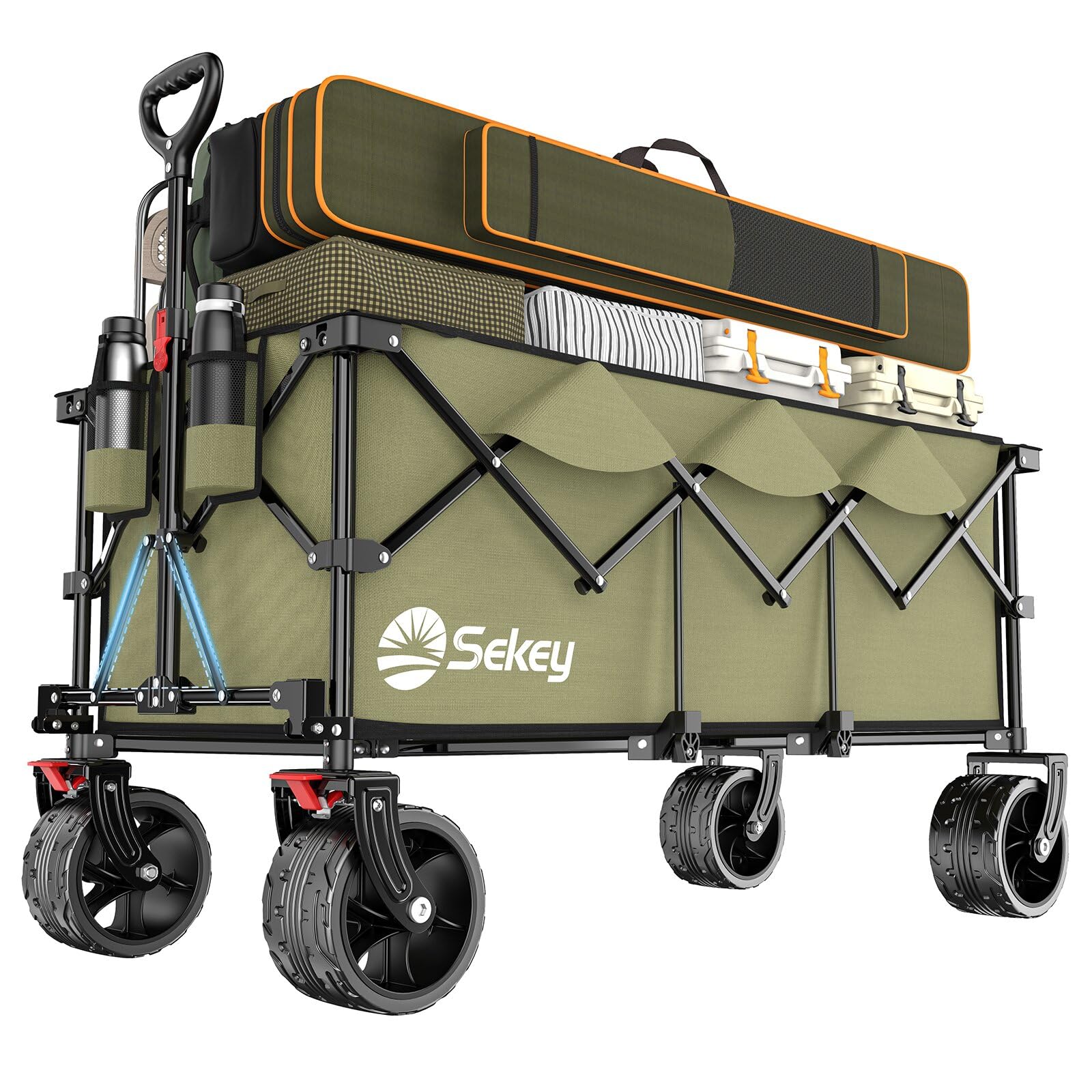Sekey XXXL-Super 4013 Bollerwagen Faltbar - Olivgrün. Rechteckiger, olivgrüner Faltwagen zum Transportieren von Lasten.