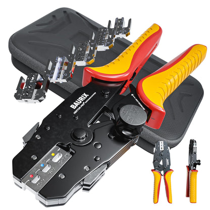 BAURIX® HEKTOR PRO Crimpzange: Schwarz-rote Zange mit 6 Wechselbacken zum Verpressen von Steckverbindern an Elektrokabeln.