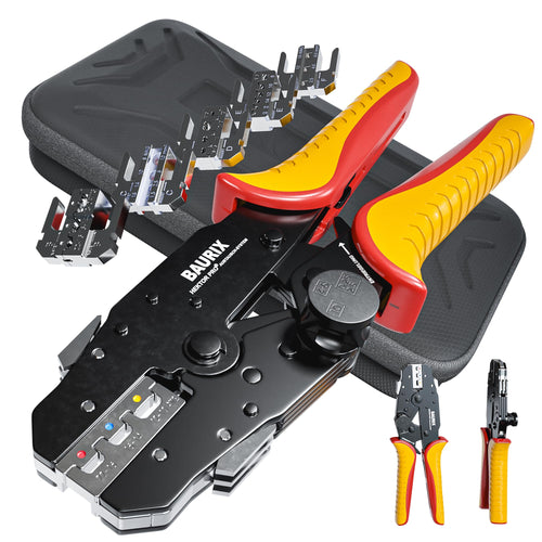 BAURIX® HEKTOR PRO Crimpzange: Schwarz-rote Zange mit 6 Wechselbacken zum Verpressen von Steckverbindern an Elektrokabeln.