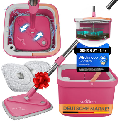 ALANBERG Wischmopp Set mit Eimer 2-Kammer-System – Pink. Rechteckiger, pinker Eimer mit 2 Kammern und Mopp zur Bodenreinigung.