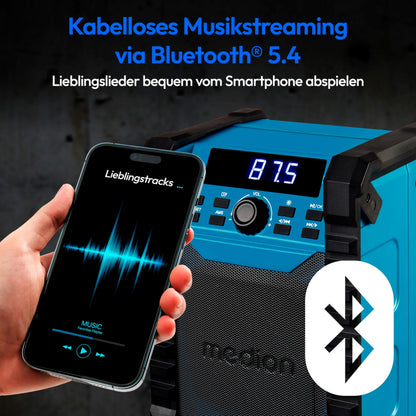 MEDION E65895 Baustellenradio mit Akku, Bluetooth, UKW, IP54, grün