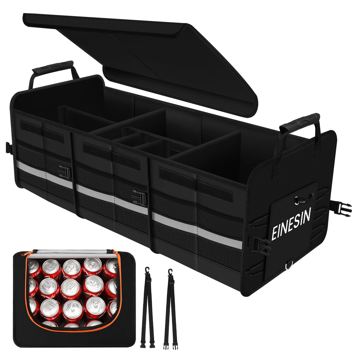 Einesin Kofferraum Organizer 88L mit 22L Kühltasche. Robuster, faltbarer Textil-Organizer mit Kühlfach für Ordnung im Auto.