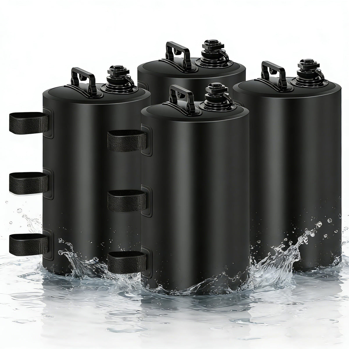 MRWiZMS Pavillongewichte 4er Set, wasserbefüllbar, Schwarz: schwarze PVC-Taschen mit Klettverschluss und Riemen
