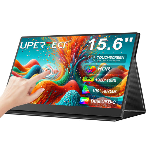 UPERFECT Tragbarer Touchscreen Monitor 15.6 Zoll Full HD. Rechteckiger, schlanker, schwarzer Bildschirm für mobiles Arbeiten oder Gaming.