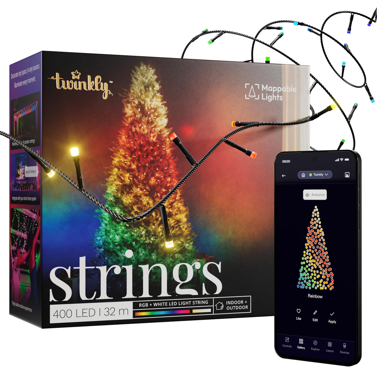 Twinkly Strings 400 LED Smarte Lichterkette RGB+Weiss. 400 RGB+W LEDs auf flexibler Kette zur individuell steuerbaren Beleuchtung und Dekoration.