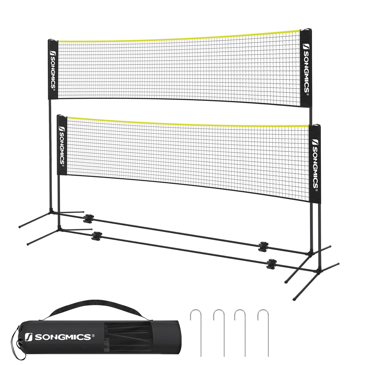 SONGMICS Badmintonnetz 4 m, höhenverstellbar, tragbar, Schwarz-Gelb, mit Stangen und Tragetasche