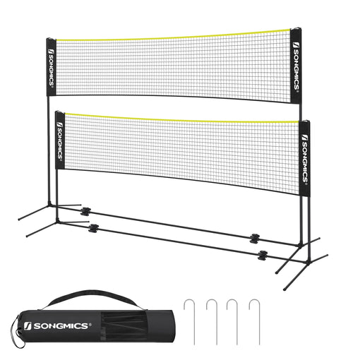 SONGMICS Badmintonnetz 4 m, höhenverstellbar, tragbar, Schwarz-Gelb, mit Stangen und Tragetasche