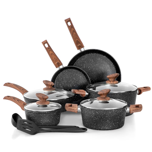 DishDelight Topfset Induktion Granit Antihaft - 12-teilig schwarz. Schwarzes Kochgeschirr mit Granit-Antihaftbeschichtung, ideal für Induktionsherde.