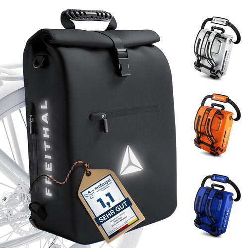 FREITHAL 3in1 Fahrradtasche 25L, Rucksack & Gepäckträgertasche, schwarz, aus robustem Spezialgewebe