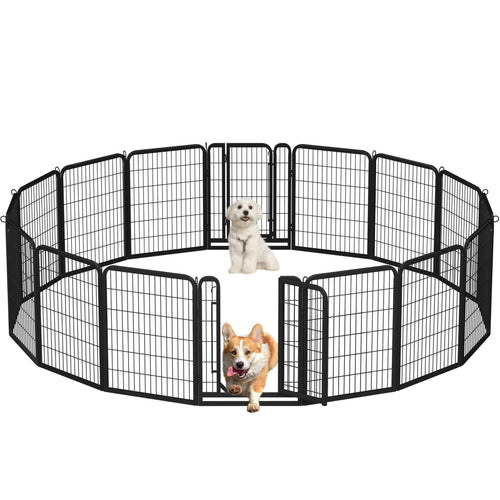 Yaheetech Hundelaufstall 16-teilig - 80cm hoch, faltbar. Schwarzes, modulares System aus 16 Zaunelementen. Bietet sicheren Auslauf für Hunde drinnen und draußen.