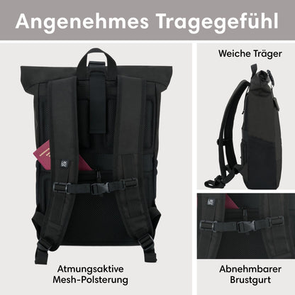 LARKSON No 4 Rolltop Rucksack schwarz mit Laptopfach bis 16 Zoll