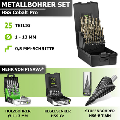 Pinava® HSS Cobalt Pro Edelstahlbohrer Set - 25tlg. 1-13mm