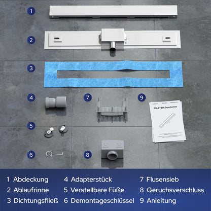 VILSTEIN Duschrinne Edelstahl 70 cm Extra Flach mit Siphon
