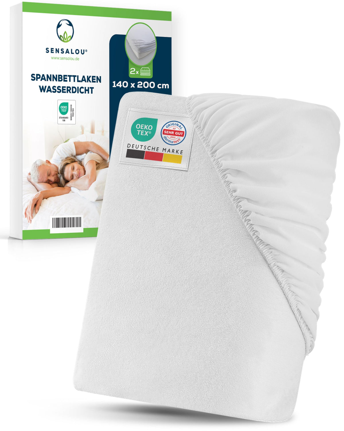 Sensalou wasserdichtes Spannbettlaken 140x200 cm, 2er-Pack – Spannbetttuch mit Rundumgummizug aus Baumwolle mit PU-Schicht