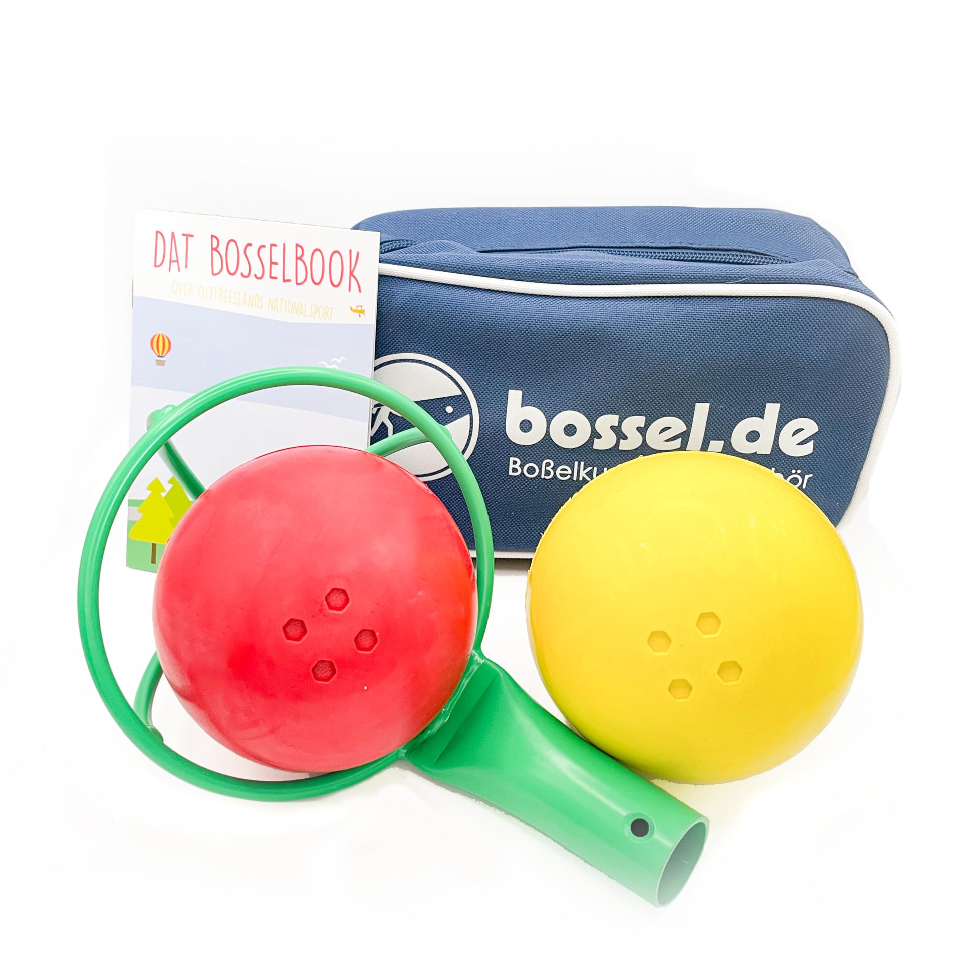 Bosselset Komplettset 2 Kugeln, Kraber & Tasche - gelb/rot: Zwei gelb-rote Kugeln, Kraber und Tasche zum Boßeln.