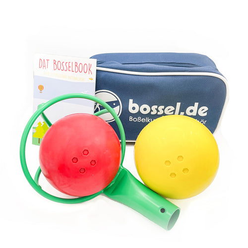 Bosselset Komplettset 2 Kugeln, Kraber & Tasche - gelb/rot: Zwei gelb-rote Kugeln, Kraber und Tasche zum Boßeln.