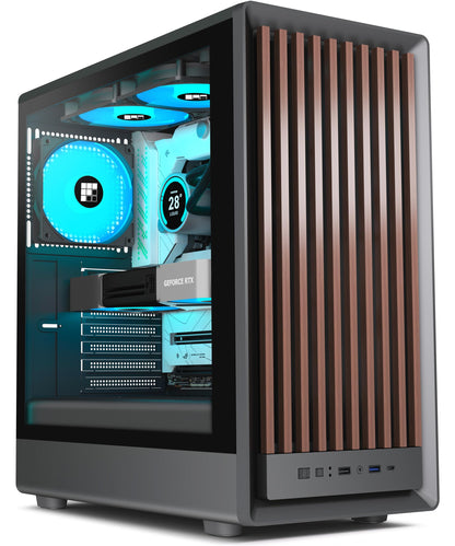 FOIFKIN M1 Gaming PC Gehäuse - Walnuss, 4 ARGB-Lüfter, Schwarz. Schwarzes Gehäuse mit Walnuss-Akzenten, 4 ARGB-Lüftern. Bietet Platz für Gaming-Hardware.