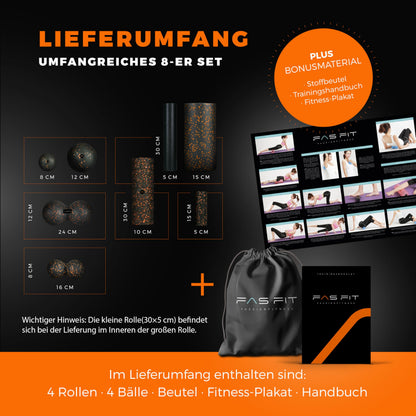 Fas Fit Faszienrolle und Faszienball Set, 8-teilig, orange