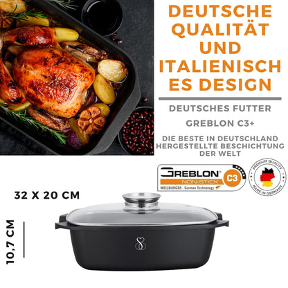 Stone&Stone Bräter Aluguss mit Glasdeckel, antihaft, Induktion, 32 cm
