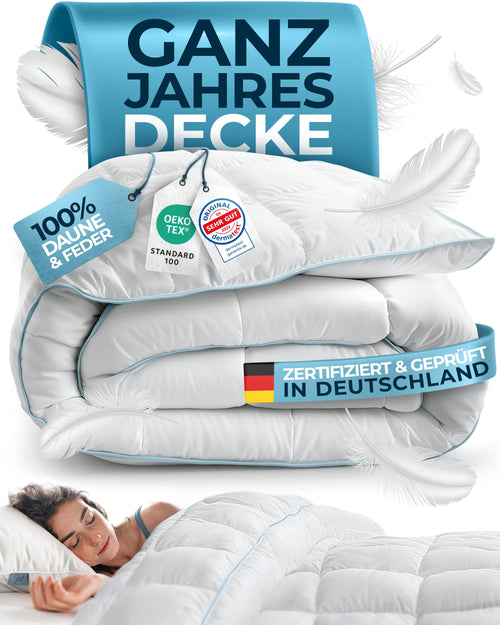 Glückstoff Feder- und Daunendecke Duvet - 200x200cm Ganzjahresdecke. Weiße, voluminöse, gesteppte Decke für ganzjährigen Schlafkomfort.
