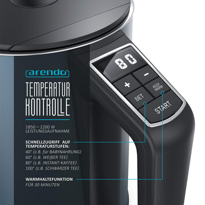 Arendo ELEGANT Edelstahl Wasserkocher mit Temperatureinstellung, 1,5 L