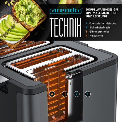 Arendo MANANA X2 Toaster 4 Scheiben Edelstahl mit Brötchenaufsatz