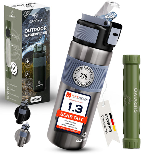 SURVIVO® Outdoor Wasserfilter Trinkflasche - Edelstahl 660ml. Zylindrische, silberne Edelstahlflasche mit integriertem Wasserfilter für sicheres Trinkwasser im Outdoor-Bereich.