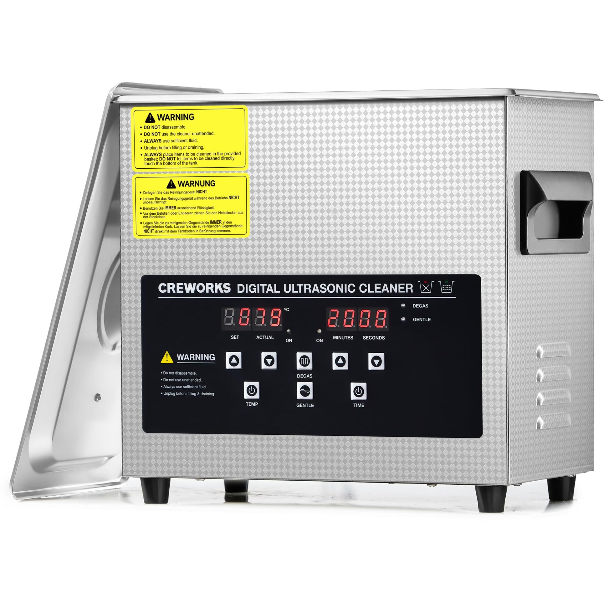 CREWORKS Ultraschallreiniger 3L – Heizung, Timer, Degas-Funktion. Rechteckiger Edelstahltank. Reinigt Objekte mittels Ultraschall.