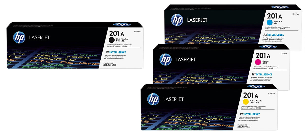 HP Original 201A Toner 4er Set CF400A CF401A CF403A CF402A. Vier CMYK-Tonerkartuschen für Farbdruck in Laserdruckern.