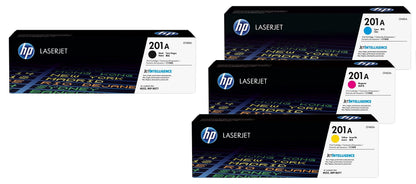 HP Original 201A Toner 4er Set CF400A CF401A CF403A CF402A. Vier CMYK-Tonerkartuschen für Farbdruck in Laserdruckern.