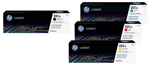HP Original 201A Toner 4er Set CF400A CF401A CF403A CF402A. Vier CMYK-Tonerkartuschen für Farbdruck in Laserdruckern.