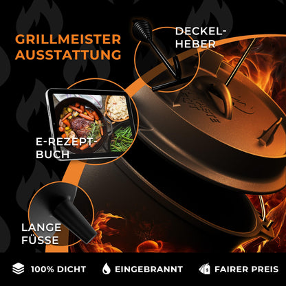 IRON TASTE Dutch Oven Set 12L gusseiserner Feuertopf mit Deckelheber