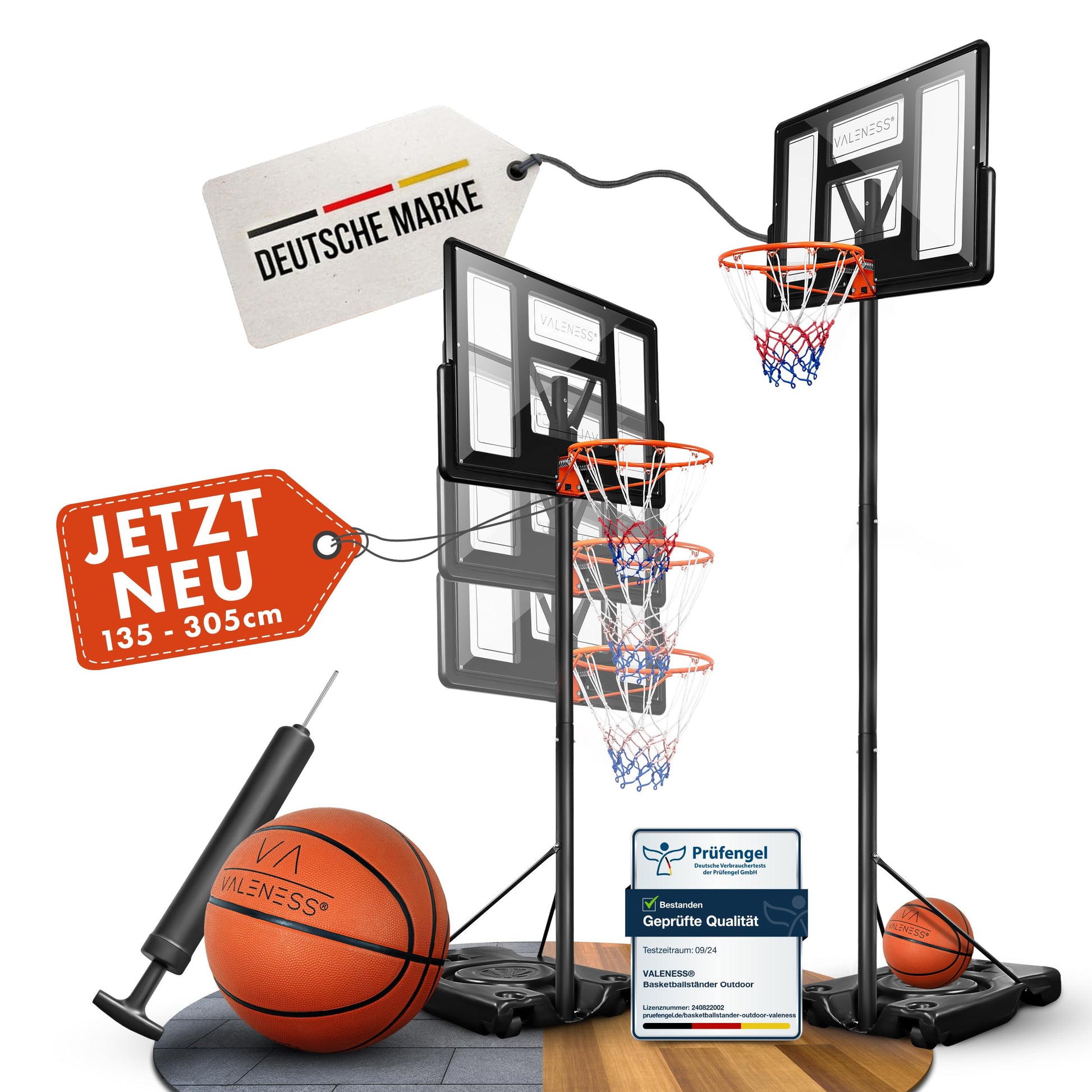 VALENESS® Basketballkorb Outdoor - Höhenverstellbar 135-305cm. Rechteckiger Backboard, orangem Ring, Netz, auf schwarzem Stand. Dient zum Basketballspielen im Freien.