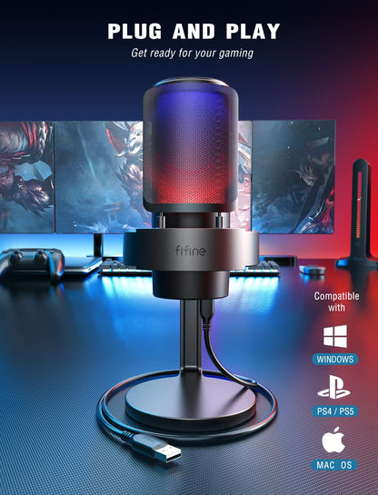 FIFINE A8 USB Mikrofon, Gaming Mikrofon mit RGB für PC, PS4 und PS5