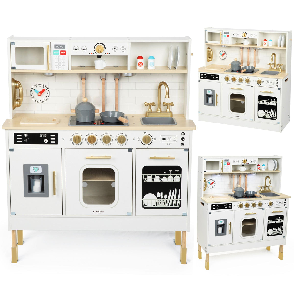 Mamabrum Holz-Kinderküche MAM155 mit LED, höhenverstellbar – Holzspielküche mit Kochfeld, Mikrowelle und Spüle