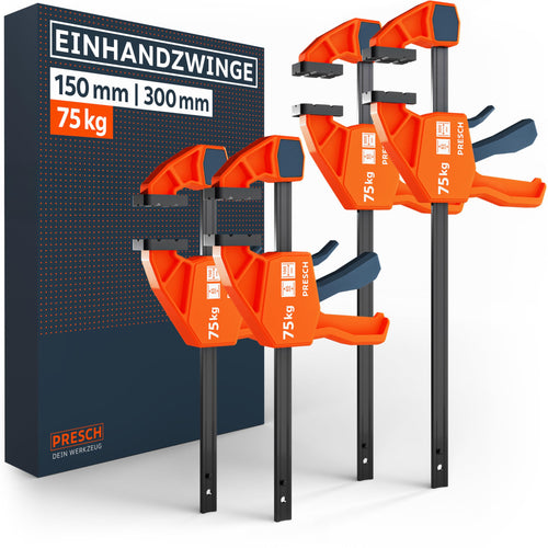Presch Schnellspann Einhandzwingen Set 4 Stk. – 150/300mm. Vier Einhandzwingen zum schnellen Fixieren und Spannen von Werkstücken.
